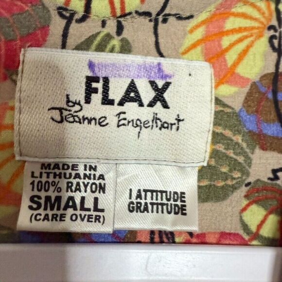 FLAX Linen Pumpkin Print Short Sleeve Blouse Women S Yellow Multi Lagenlook - Picture 6 of 7